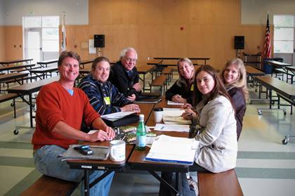 CCSFA Mtg A meeting of the Central Coast School Food Alliance: Jamie Smith (far left), Tim Galarneau, Willie Elliott-McRea, Kimberly Clark, Alison Cohen (WhyHunger), and Carina Chavez