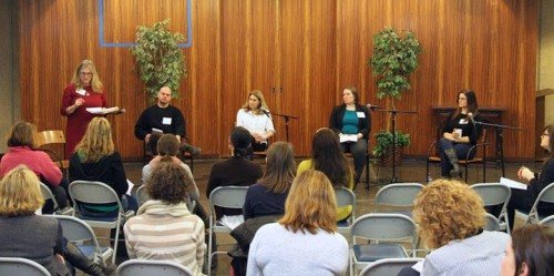 Alison M. Cohen of WhyHunger (left) moderates an expert panel in a conversation about hunger.   With Michael Hurwitz of GreenMarket, GrowNYC, Katherine Soll from Teens for Food Justice, Jeanne Traugot of City Harvest, and Cassandra L. Agredo from Xavier Mission. Photo by: Parents Community Service Network